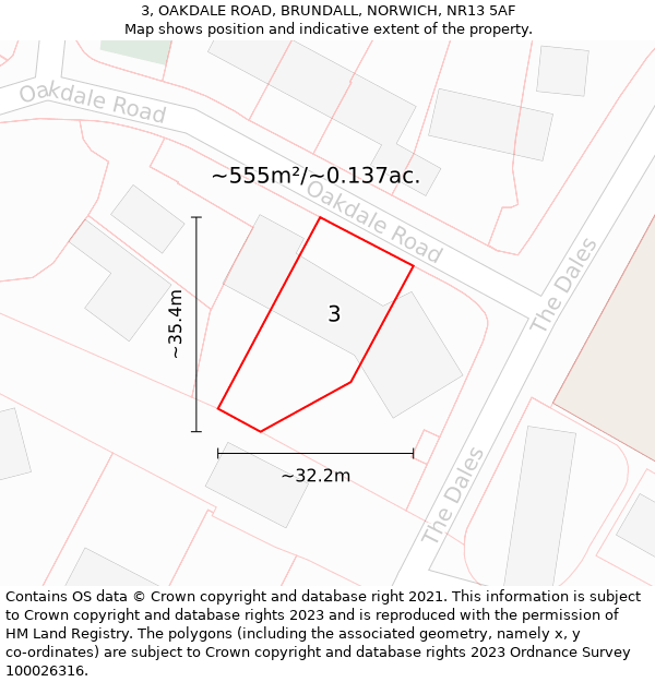 3, OAKDALE ROAD, BRUNDALL, NORWICH, NR13 5AF: Plot and title map