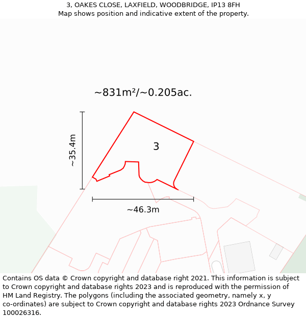 3, OAKES CLOSE, LAXFIELD, WOODBRIDGE, IP13 8FH: Plot and title map