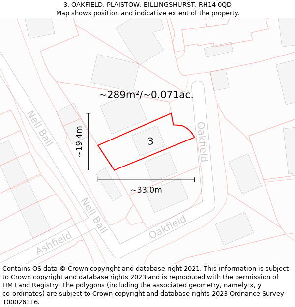 3, OAKFIELD, PLAISTOW, BILLINGSHURST, RH14 0QD: Plot and title map