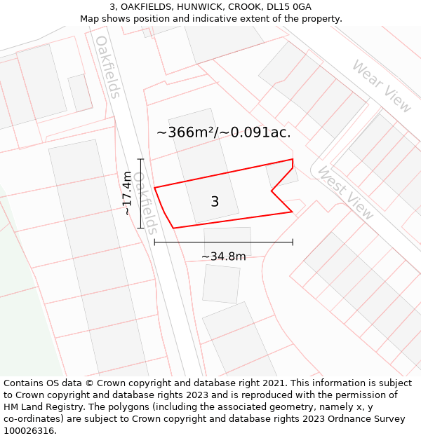 3, OAKFIELDS, HUNWICK, CROOK, DL15 0GA: Plot and title map