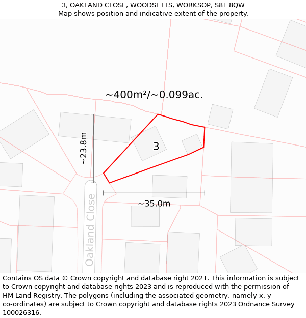 3, OAKLAND CLOSE, WOODSETTS, WORKSOP, S81 8QW: Plot and title map