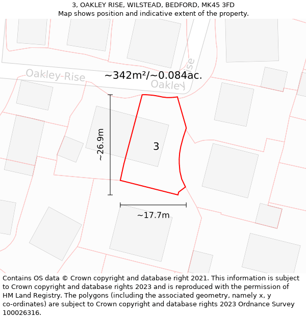 3, OAKLEY RISE, WILSTEAD, BEDFORD, MK45 3FD: Plot and title map