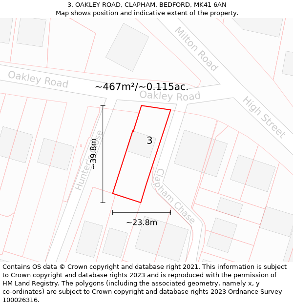 3, OAKLEY ROAD, CLAPHAM, BEDFORD, MK41 6AN: Plot and title map