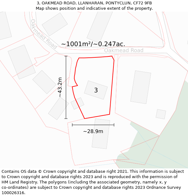 3, OAKMEAD ROAD, LLANHARAN, PONTYCLUN, CF72 9FB: Plot and title map