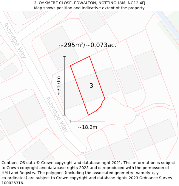 3, OAKMERE CLOSE, EDWALTON, NOTTINGHAM, NG12 4FJ: Plot and title map