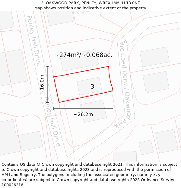 3, OAKWOOD PARK, PENLEY, WREXHAM, LL13 0NE: Plot and title map