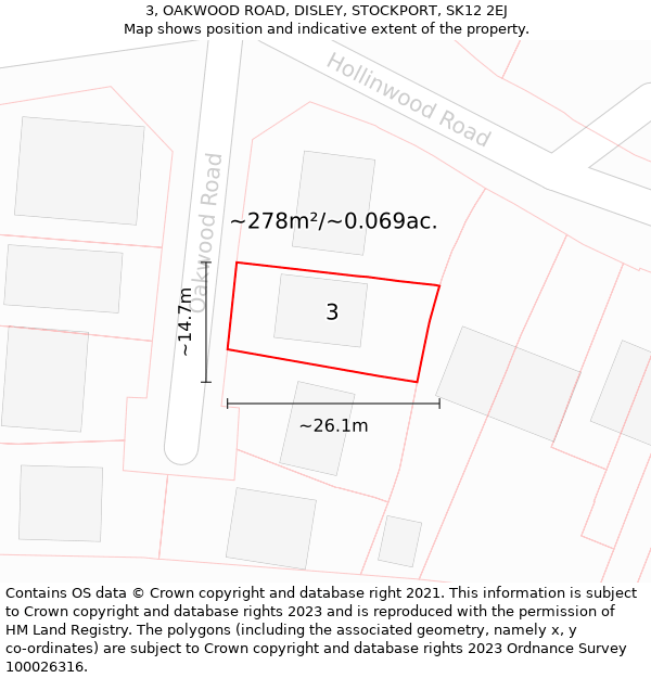 3, OAKWOOD ROAD, DISLEY, STOCKPORT, SK12 2EJ: Plot and title map