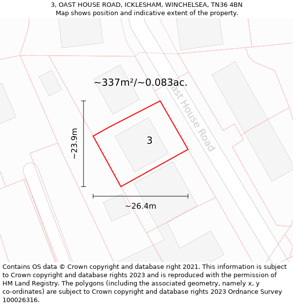 3, OAST HOUSE ROAD, ICKLESHAM, WINCHELSEA, TN36 4BN: Plot and title map