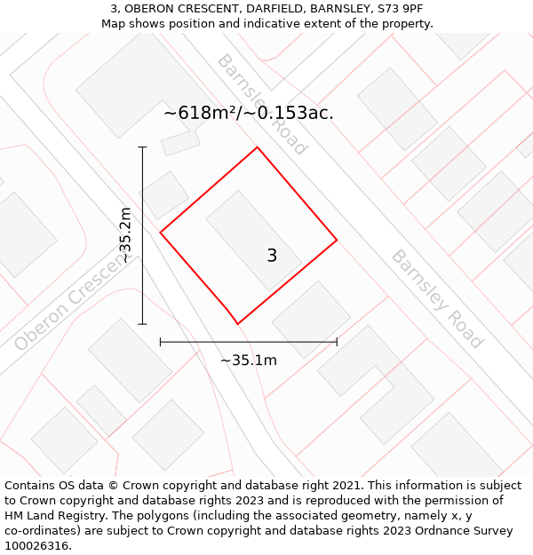 3, OBERON CRESCENT, DARFIELD, BARNSLEY, S73 9PF: Plot and title map