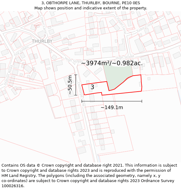 3, OBTHORPE LANE, THURLBY, BOURNE, PE10 0ES: Plot and title map