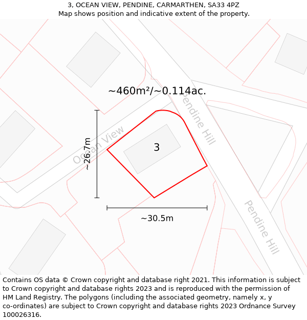 3, OCEAN VIEW, PENDINE, CARMARTHEN, SA33 4PZ: Plot and title map
