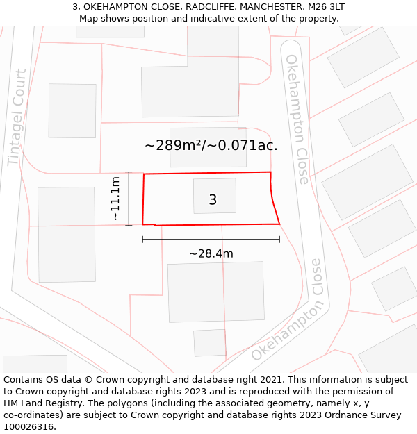 3, OKEHAMPTON CLOSE, RADCLIFFE, MANCHESTER, M26 3LT: Plot and title map