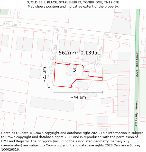 3, OLD BELL PLACE, STAPLEHURST, TONBRIDGE, TN12 0FE: Plot and title map