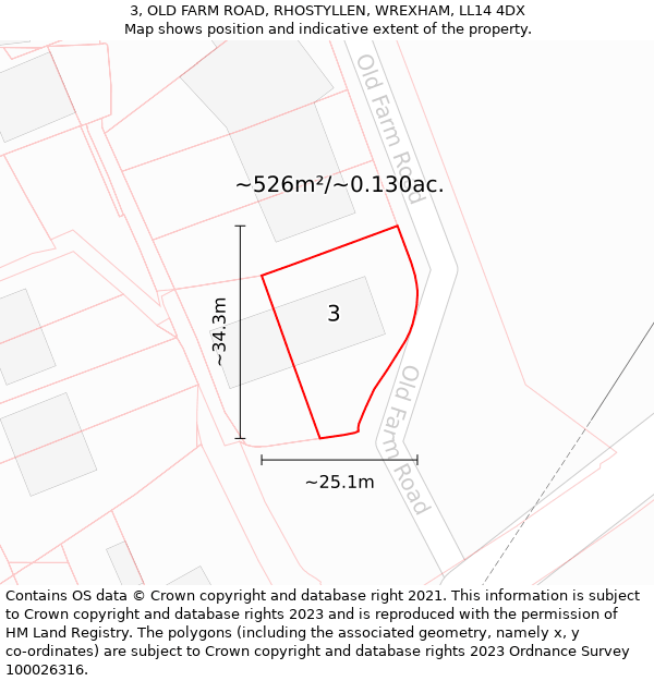 3, OLD FARM ROAD, RHOSTYLLEN, WREXHAM, LL14 4DX: Plot and title map