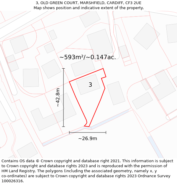 3, OLD GREEN COURT, MARSHFIELD, CARDIFF, CF3 2UE: Plot and title map