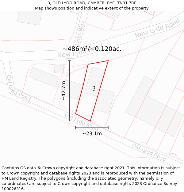 3, OLD LYDD ROAD, CAMBER, RYE, TN31 7RE: Plot and title map