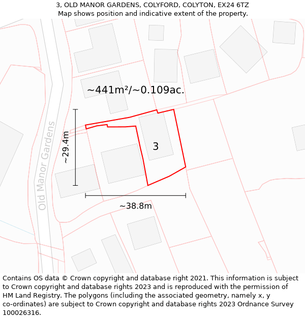 3, OLD MANOR GARDENS, COLYFORD, COLYTON, EX24 6TZ: Plot and title map