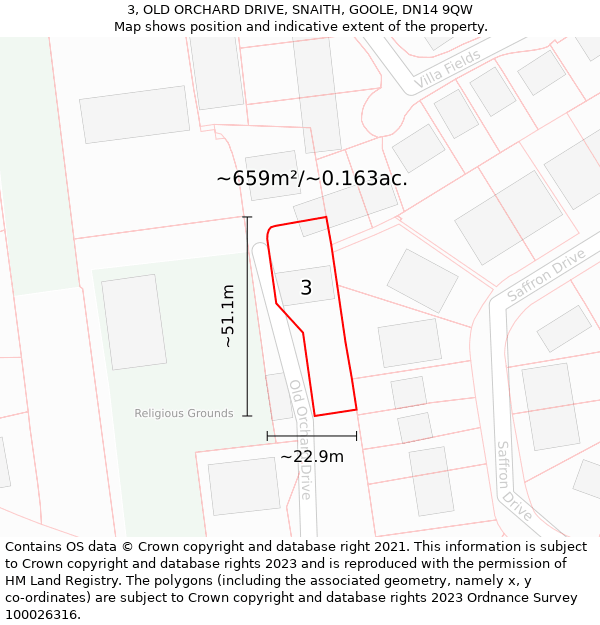 3, OLD ORCHARD DRIVE, SNAITH, GOOLE, DN14 9QW: Plot and title map