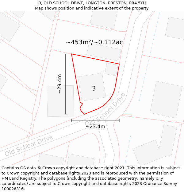 3, OLD SCHOOL DRIVE, LONGTON, PRESTON, PR4 5YU: Plot and title map