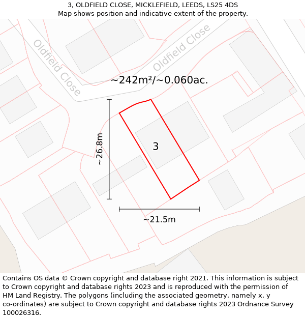 3, OLDFIELD CLOSE, MICKLEFIELD, LEEDS, LS25 4DS: Plot and title map