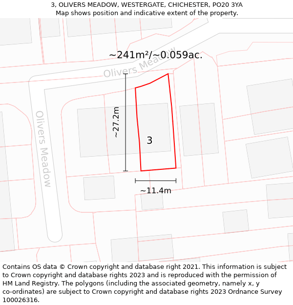 3, OLIVERS MEADOW, WESTERGATE, CHICHESTER, PO20 3YA: Plot and title map