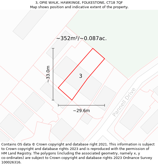 3, OPIE WALK, HAWKINGE, FOLKESTONE, CT18 7QF: Plot and title map