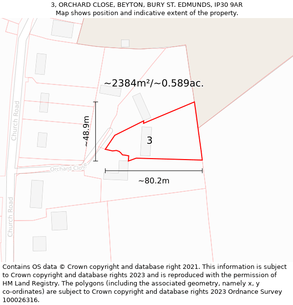 3, ORCHARD CLOSE, BEYTON, BURY ST. EDMUNDS, IP30 9AR: Plot and title map