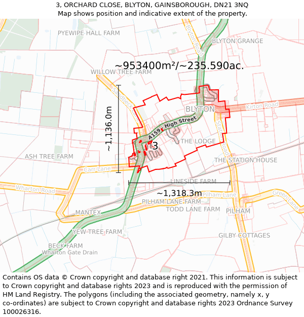 3, ORCHARD CLOSE, BLYTON, GAINSBOROUGH, DN21 3NQ: Plot and title map