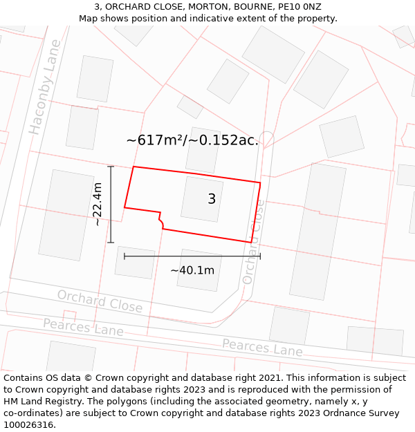 3, ORCHARD CLOSE, MORTON, BOURNE, PE10 0NZ: Plot and title map