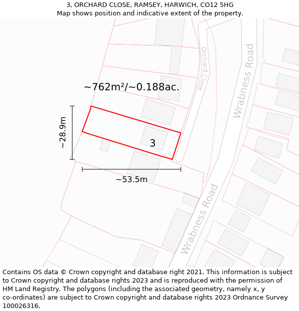 3, ORCHARD CLOSE, RAMSEY, HARWICH, CO12 5HG: Plot and title map