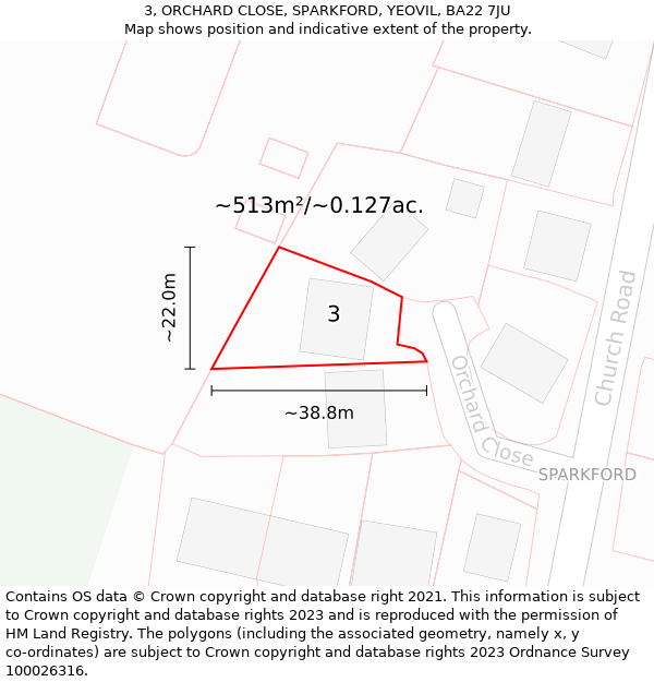 3, ORCHARD CLOSE, SPARKFORD, YEOVIL, BA22 7JU: Plot and title map