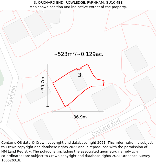 3, ORCHARD END, ROWLEDGE, FARNHAM, GU10 4EE: Plot and title map