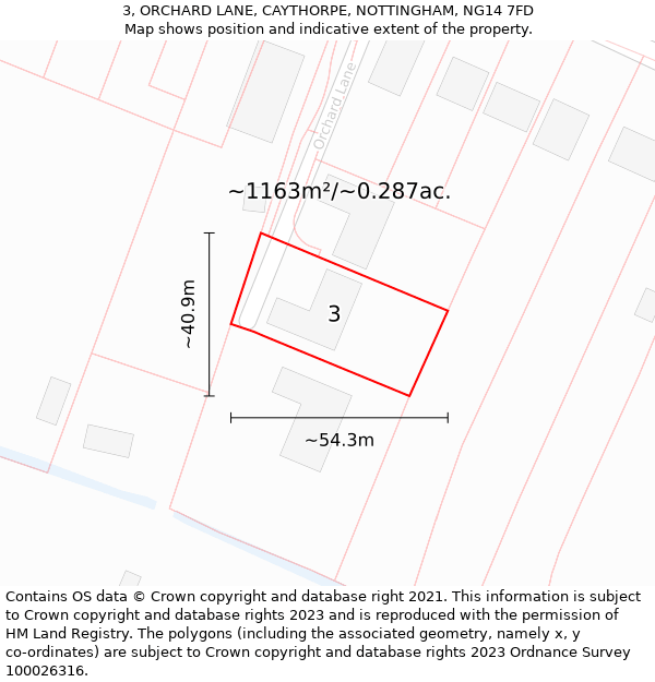 3, ORCHARD LANE, CAYTHORPE, NOTTINGHAM, NG14 7FD: Plot and title map