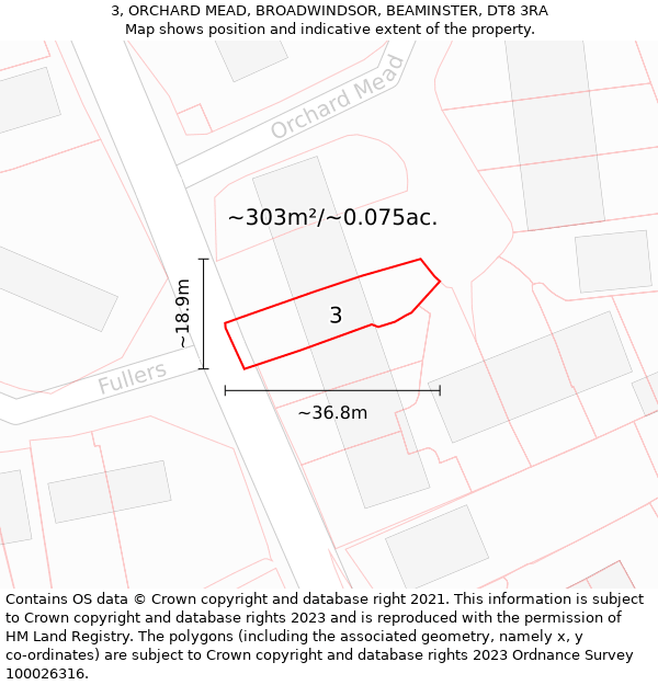 3, ORCHARD MEAD, BROADWINDSOR, BEAMINSTER, DT8 3RA: Plot and title map