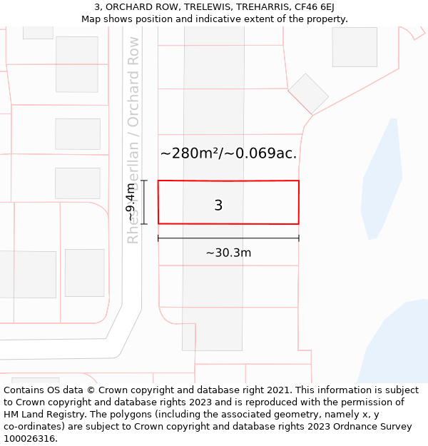 3, ORCHARD ROW, TRELEWIS, TREHARRIS, CF46 6EJ: Plot and title map