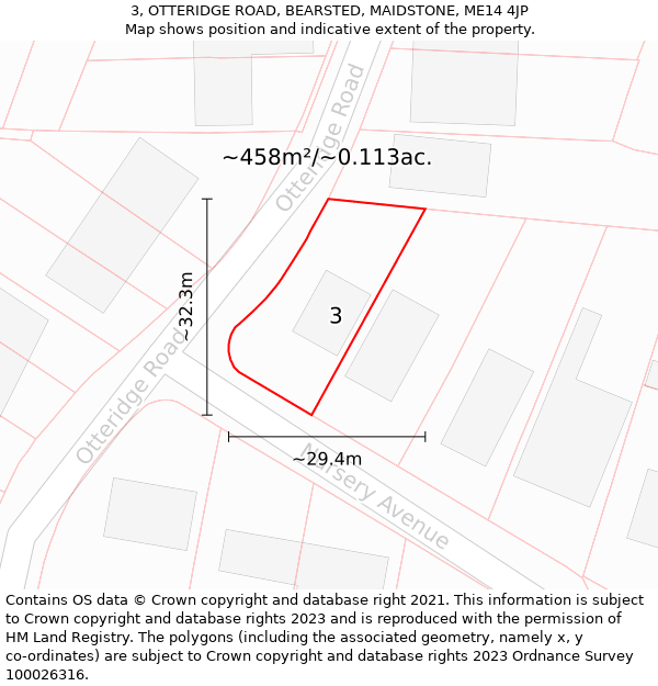 3, OTTERIDGE ROAD, BEARSTED, MAIDSTONE, ME14 4JP: Plot and title map