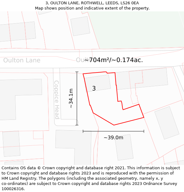 3, OULTON LANE, ROTHWELL, LEEDS, LS26 0EA: Plot and title map