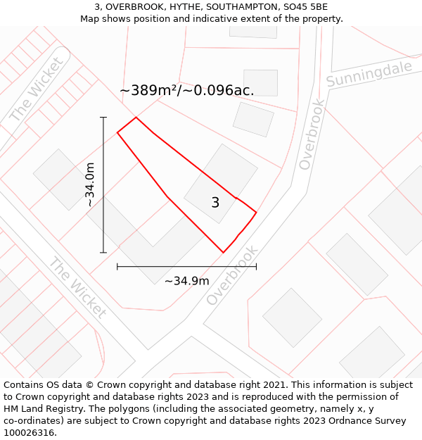 3, OVERBROOK, HYTHE, SOUTHAMPTON, SO45 5BE: Plot and title map