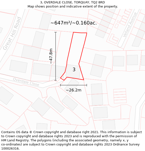 3, OVERDALE CLOSE, TORQUAY, TQ2 8RD: Plot and title map