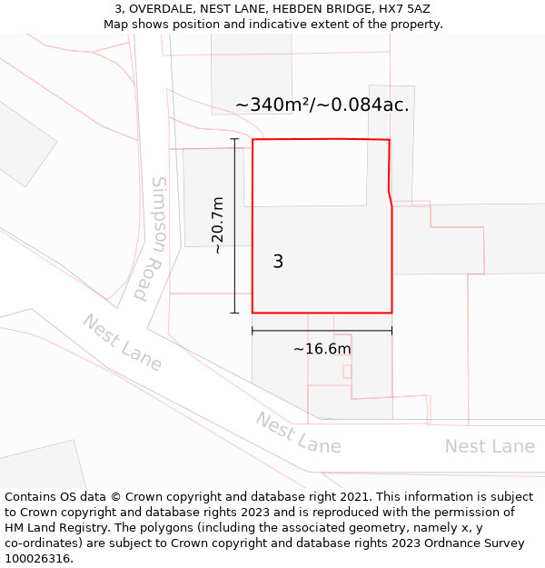 3, OVERDALE, NEST LANE, HEBDEN BRIDGE, HX7 5AZ: Plot and title map