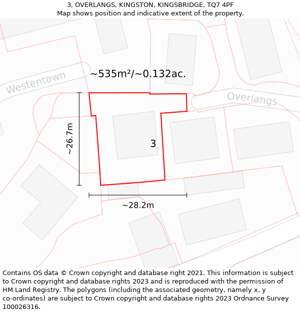 3, OVERLANGS, KINGSTON, KINGSBRIDGE, TQ7 4PF: Plot and title map