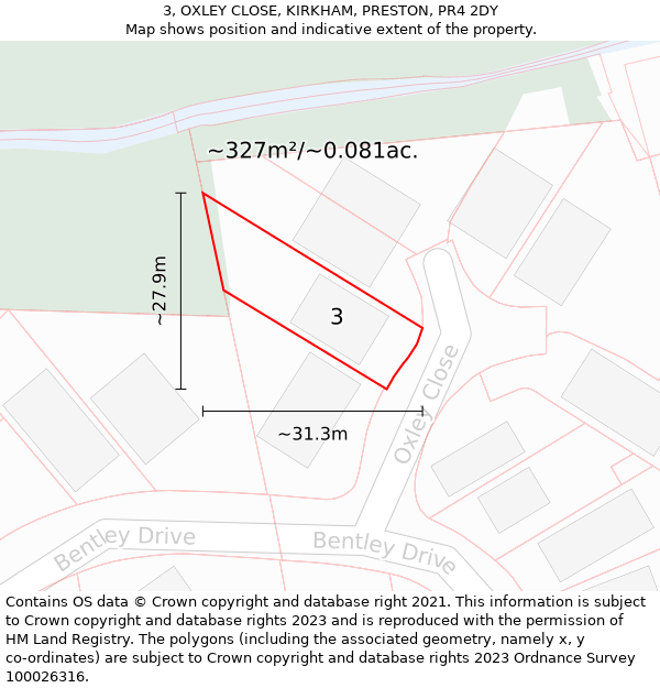 3, OXLEY CLOSE, KIRKHAM, PRESTON, PR4 2DY: Plot and title map