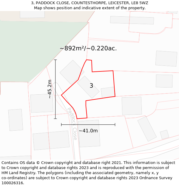 3, PADDOCK CLOSE, COUNTESTHORPE, LEICESTER, LE8 5WZ: Plot and title map