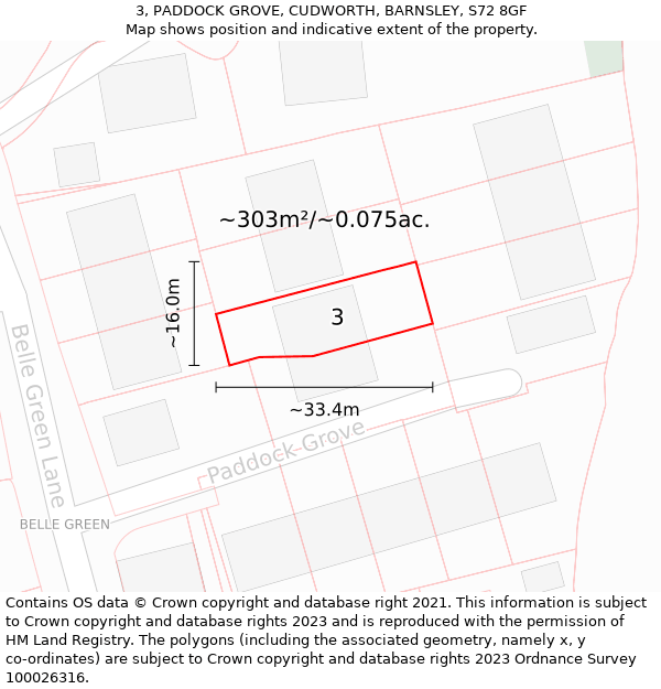 3, PADDOCK GROVE, CUDWORTH, BARNSLEY, S72 8GF: Plot and title map