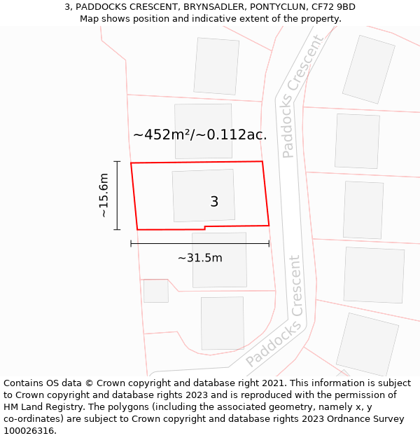 3, PADDOCKS CRESCENT, BRYNSADLER, PONTYCLUN, CF72 9BD: Plot and title map