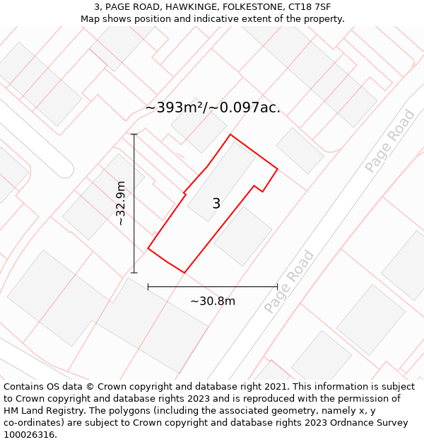 3, PAGE ROAD, HAWKINGE, FOLKESTONE, CT18 7SF: Plot and title map