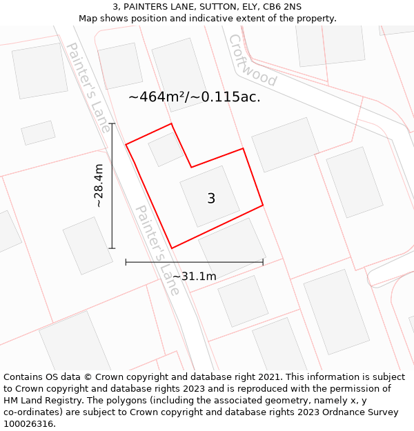 3, PAINTERS LANE, SUTTON, ELY, CB6 2NS: Plot and title map