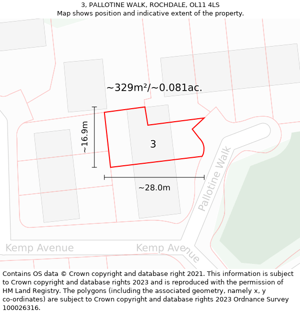 3, PALLOTINE WALK, ROCHDALE, OL11 4LS: Plot and title map