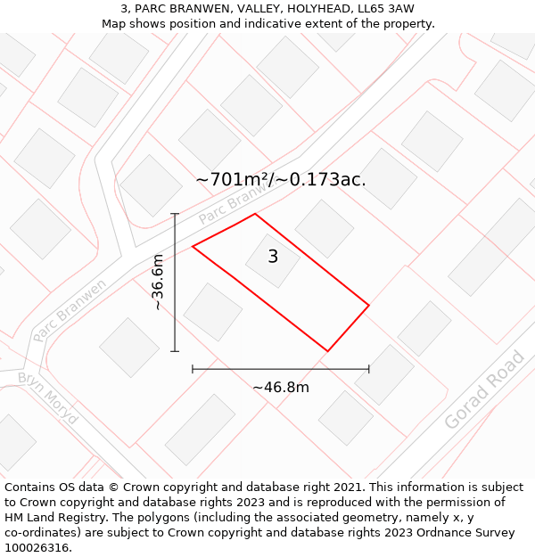 3, PARC BRANWEN, VALLEY, HOLYHEAD, LL65 3AW: Plot and title map