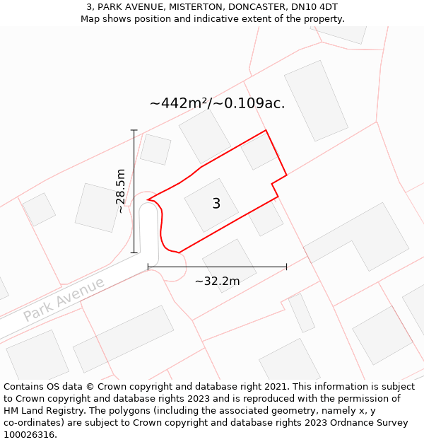 3, PARK AVENUE, MISTERTON, DONCASTER, DN10 4DT: Plot and title map